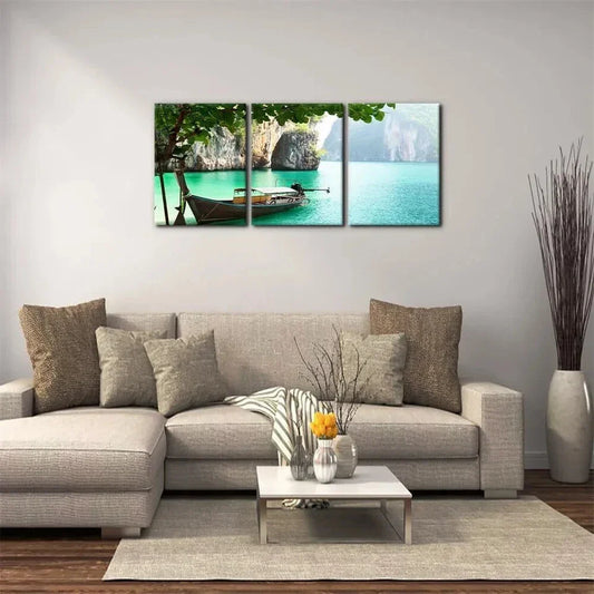 3pcs Boat on Island in Thailand Natural Metal Print Ready to Hang Art