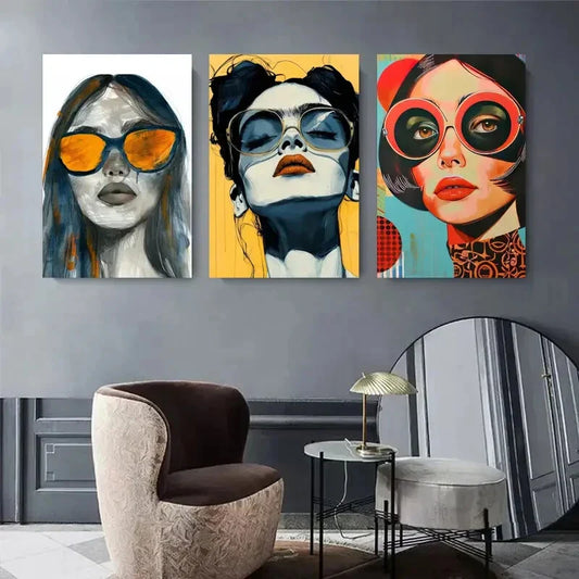 3pcs Women with Fashion Glasses, Colorful Metal Print Ready to Hang Art
