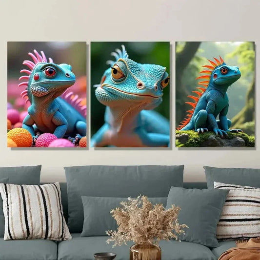 3pcs Vibrant Lizard Triptych Colorful Reptile Wall Art Set Canvas Framed 40x60cm - High Quality Print 100% Australian Made Wall Canvas Ready to Hang