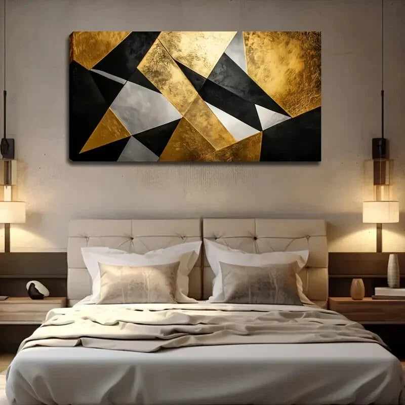 Modern Geometric Golden Black Wall Art Canvas Office Home Room Framed 120x60cm