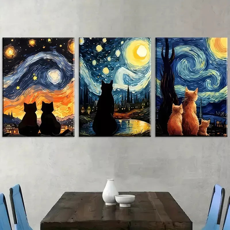 3pcs Modern Van Gogh Style Abstract Cat Wall Art Set Canvas Framed 40x60cm - High Quality Print 100% Australian Made Wall Canvas Ready to Hang
