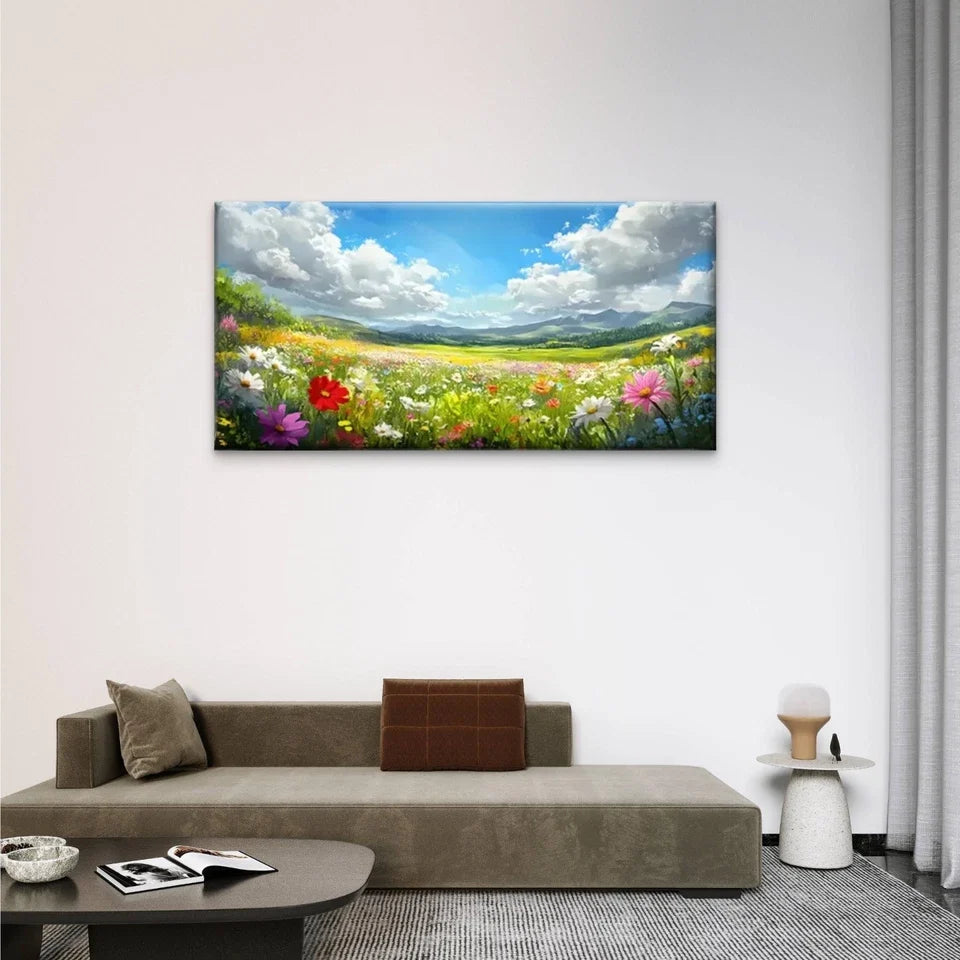 Fields Flowers Clouds Wall Art Canvas Office Home Room Framed 120x60cm