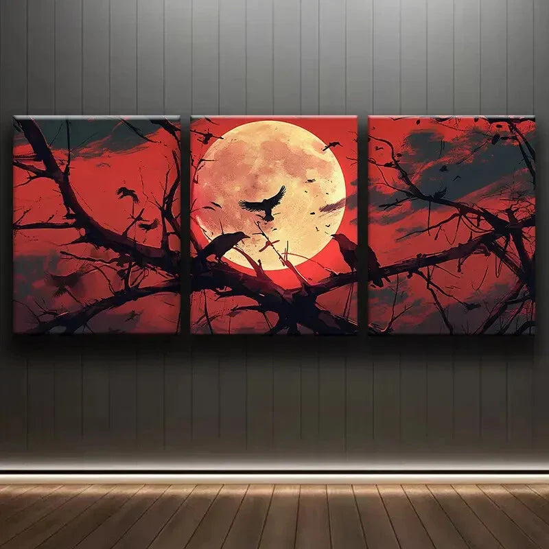 3pcs Crows & Scarlet Moon Black Silhouettes Metal Print Ready to Hang Art