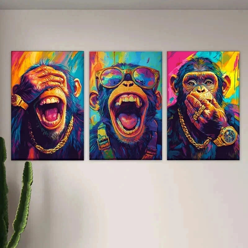 3pcs Featuring Three Monkeys with Open Mouths Wall Art Set Canvas Framed 40x60cm - High Quality Print 100% Australian Made Wall Canvas Ready to Hang