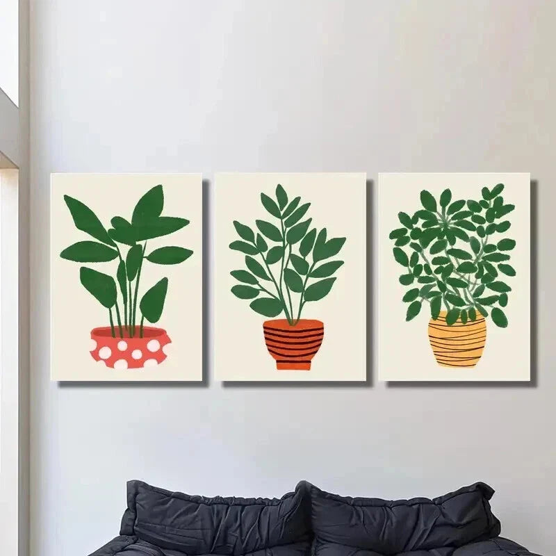 3pcs Leaves Growing in Pot Plant Wall Art Set Canvas Framed 40x60cm - High Quality Print 100% Australian Made Wall Canvas Ready to Hang
