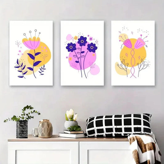 3pcs Modern Yellow, Purple, and Pink Flower Metal Print Ready to Hang Art