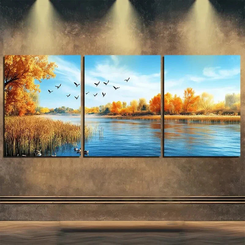 3pcs Autumn Golden Trees  Lake Scene Perfect Wall Art Set Canvas Framed 40x60cm - High Quality Print 100% Australian Made Wall Canvas Ready to Hang