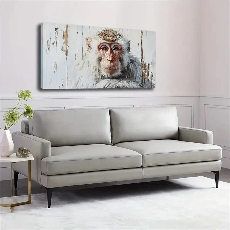 Minimalist Monkey Rustic White Wall Art Canvas Office Home Room Framed 120x60cm