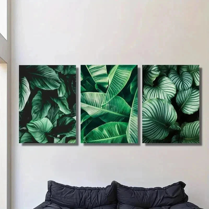 3pcs Emerald Green Botanical Tropical Leaf Wall Art Set Canvas Framed 40x60cm - High Quality Print 100% Australian Made Wall Canvas Ready to Hang