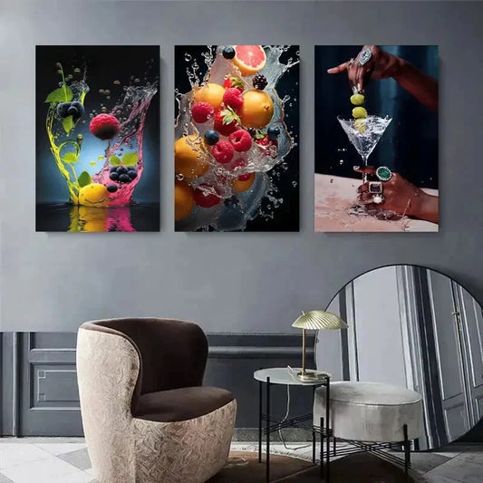 3pcs Vibrant Fruit Splash & Martini Glass Metal Print Ready to Hang Art