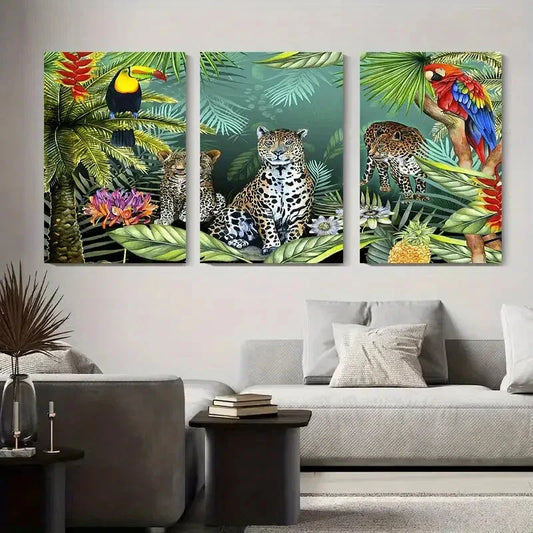 3pcs Tropical Birds and Plants, Safari Themed Metal Print Ready to Hang Art