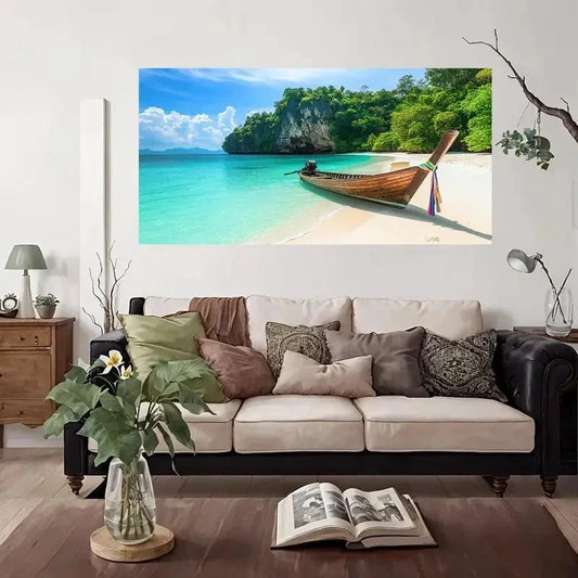 Tropical Island Beach Palm Tree Wall Art Canvas Office Home Room Framed 80x45cm