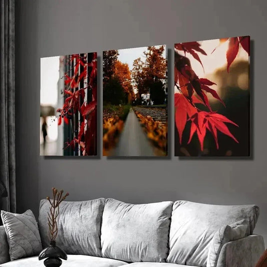 3pcs Autumn Tree Red Maple Leaves Floral Wall Art Set Canvas Framed 40x60cm - High Quality Print 100% Australian Made Wall Canvas Ready to Hang