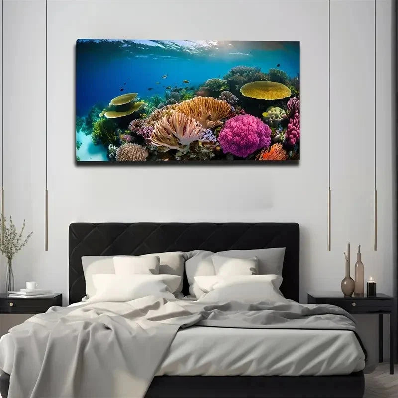 Vibrant Coral Reef Scene Wall Art Canvas Office Home Room Framed 80x45cm