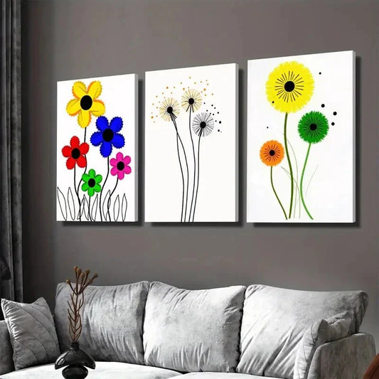 3pcs Vibrant Floral & Dandelion Colorful Flower Wall Art Set Canvas Framed 40x60cm - High Quality Print 100% Australian Made Wall Canvas Ready to Hang