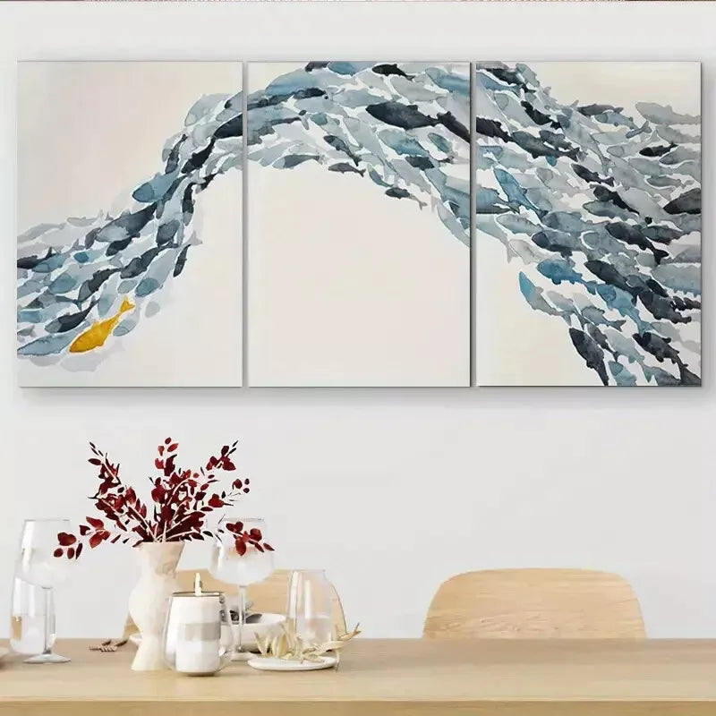 3pcs Abstract Shoal of Fish Triptych  Wall Art Canvas Wall Art Set Canvas Framed 40x60cm - High Quality Print 100% Australian Made Wall Canvas Ready to Hang