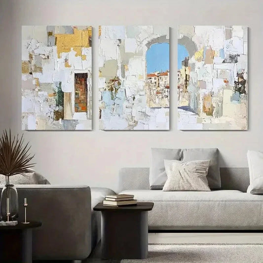 3pcs Abstract Architectural Golden Accents Metal Print Ready to Hang Art