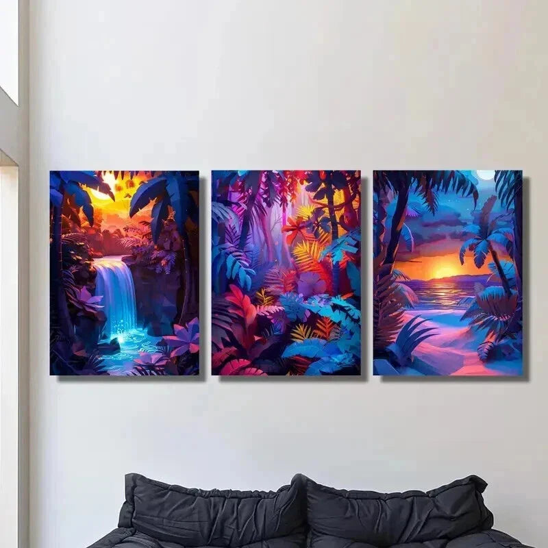 3pcs Tropical Waterfall Jungle Sunset & Beach Wall Art Set Canvas Framed 40x60cm - High Quality Print 100% Australian Made Wall Canvas Ready to Hang