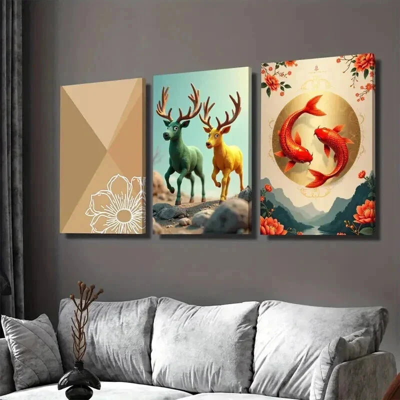 3pcs Chic Traditional Deer & Koi Fish Nature Wall Art Set Canvas Framed 40x60cm - High Quality Print 100% Australian Made Wall Canvas Ready to Hang