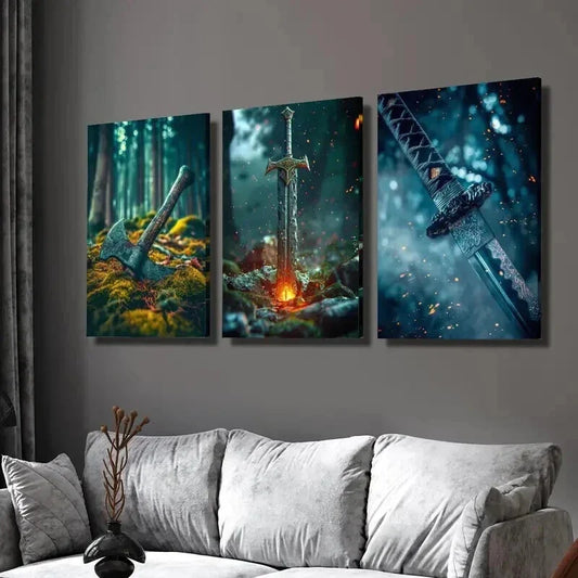 3pcs Viking Axe Glowing Sword Samurai Sword Wall Art Set Canvas Framed 40x60cm - High Quality Print 100% Australian Made Wall Canvas Ready to Hang