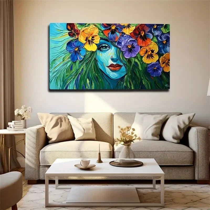 Blue Woman With Flowers Behind Wall Art Canvas Office Home Room Framed 120x60cm