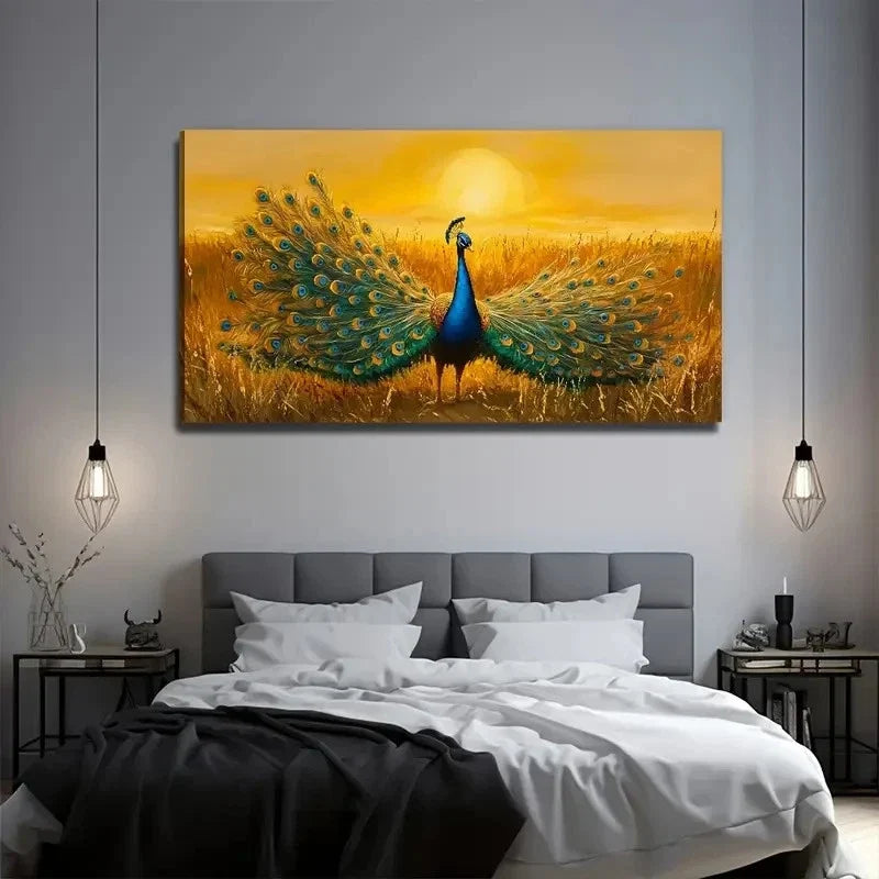 Vibrant Orange & Blue Peacock Wall Art Canvas Office Home Room Framed 120x60cm