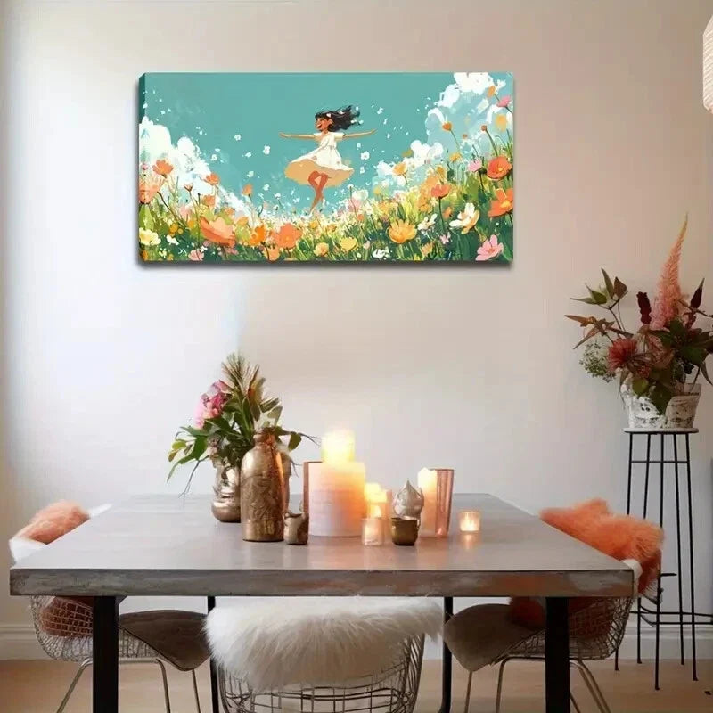 Girl Dancing Among Flower Wall Art Canvas Office Home Room Framed 120x60cm