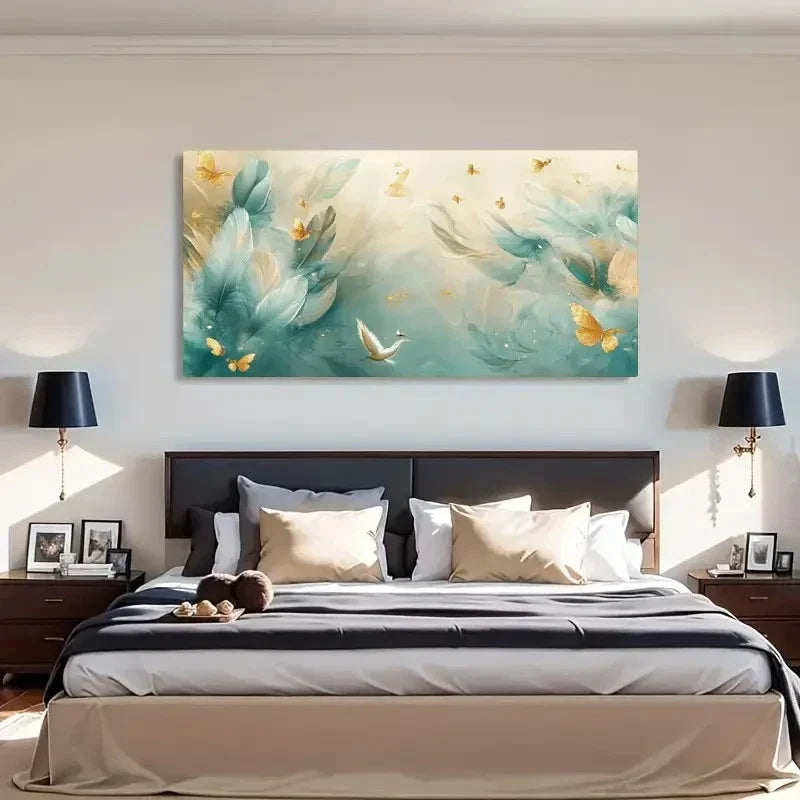Butterfly Green Golden Neutral Wall Art Canvas Office Home Room Framed 120x60cm