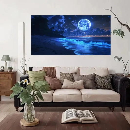 Moon Beach Night Sky Wall Art Canvas Office Home Room Framed 80x45cm