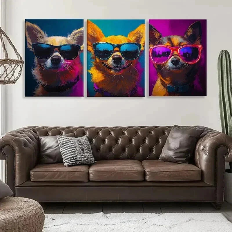 3pcs Cool Chihuahuas in Glasses Vibrant Perfect Wall Art Set Canvas Framed 40x60cm - High Quality Print 100% Australian Made Wall Canvas Ready to Hang