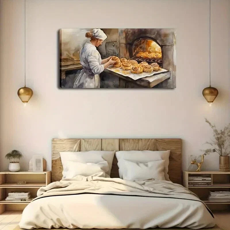 Chef Baking Bread Scene Wall Art Canvas Office Home Room Framed 120x60cm