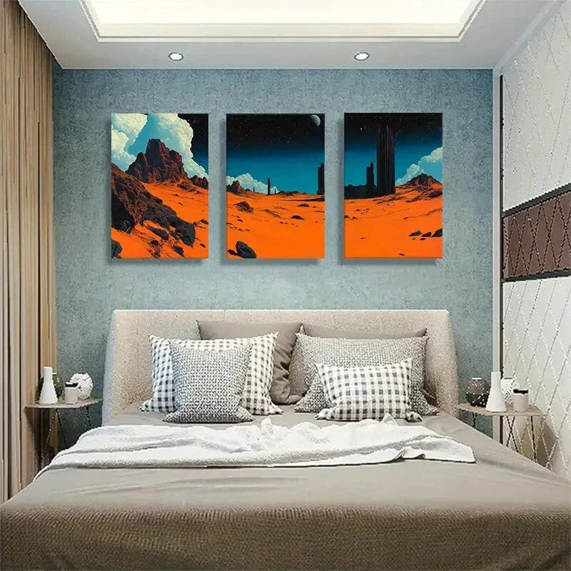 3pcs Futuristic Orange Desert Starry Sky Perfect Wall Art Set Canvas Framed 40x60cm - High Quality Print 100% Australian Made Wall Canvas Ready to Hang