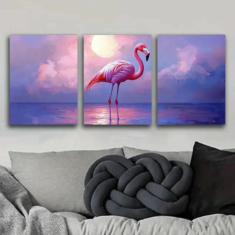 3pcs Flamingo Moonlight Bright Shine Perfect Wall Art Set Canvas Framed 40x60cm - High Quality Print 100% Australian Made Wall Canvas Ready to Hang
