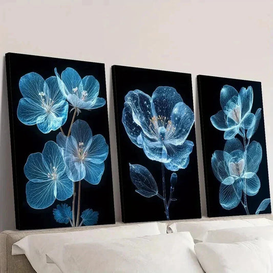 3pcs Bright Blue Flower on Dark Background Wall Art Set Canvas Framed 40x60cm - High Quality Print 100% Australian Made Wall Canvas Ready to Hang