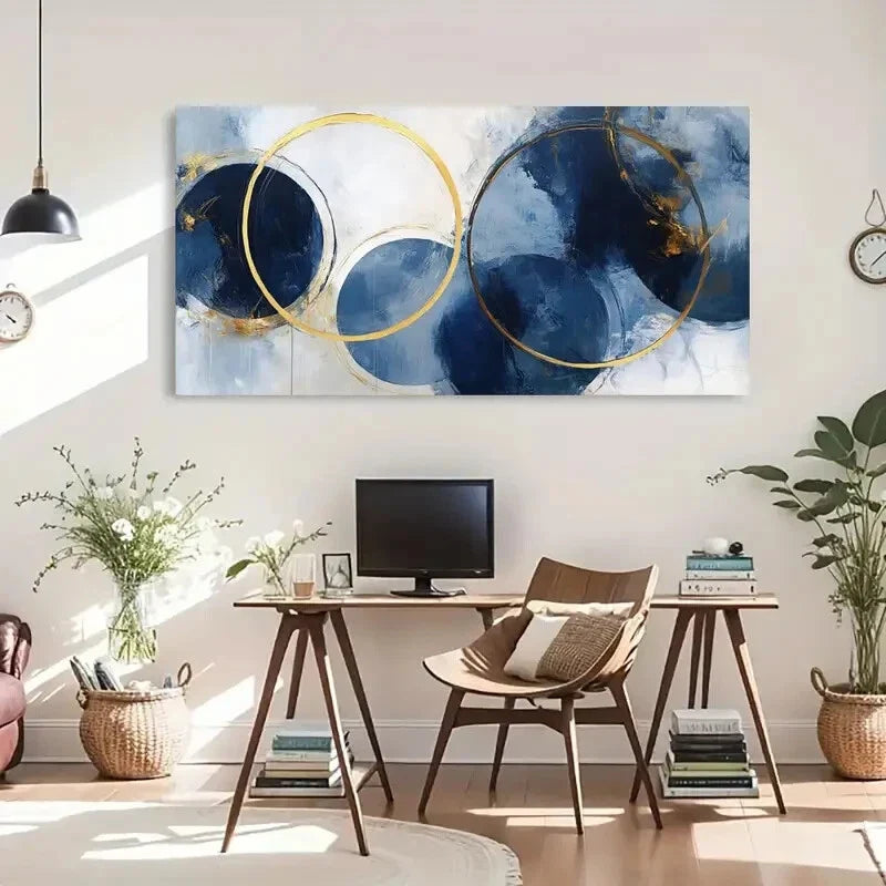 Navy Blue Tones Contemporary Wall Art Canvas Office Home Room Framed 80x45cm