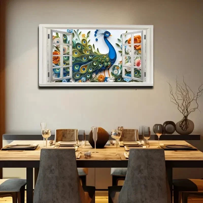 Window Peacock Made Paper Craft Wall Art Canvas Office Home Room Framed 120x60cm