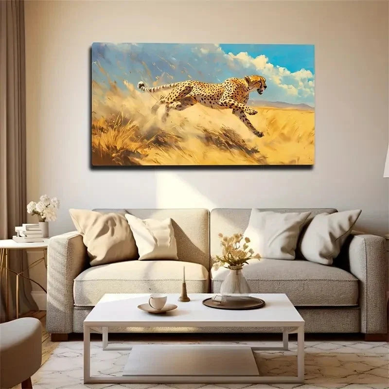 The Leopard Running Grassland Wall Art Canvas Office Home Room Framed 120x60cm