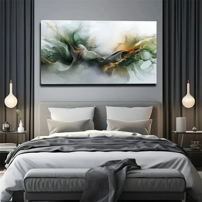 Lines In Green & Golden Wall Art canvas office home room framed 120x60cm