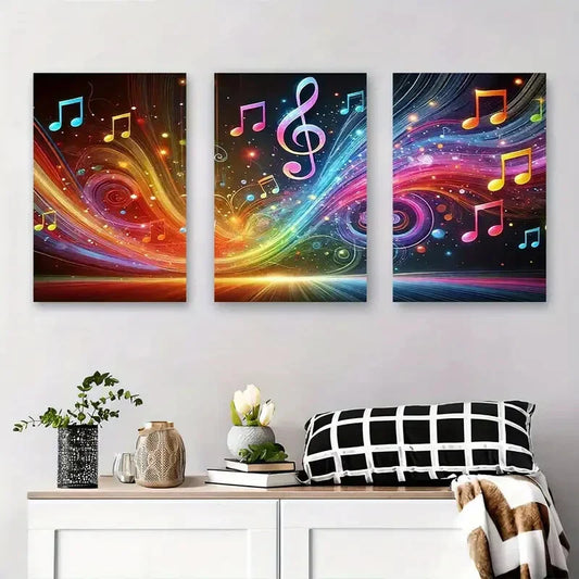 3pcs Vibrant Abstract Sound Waves, Musical Metal Print Ready to Hang Art
