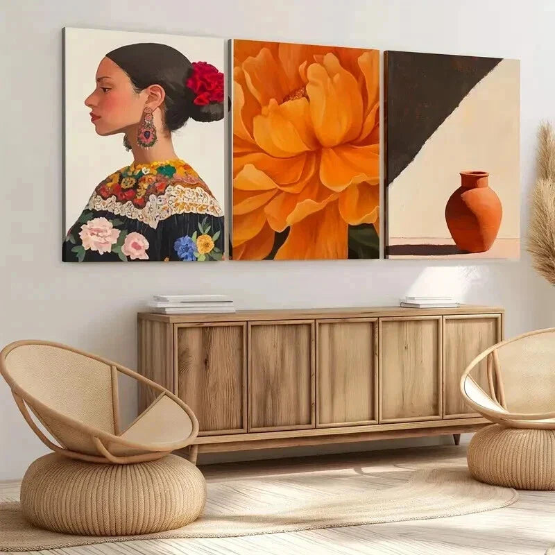 3pcs Mexican Art Marigold Mexican Woman Portrait Wall Art Set Canvas Framed 40x60cm - High Quality Print 100% Australian Made Wall Canvas Ready to Hang
