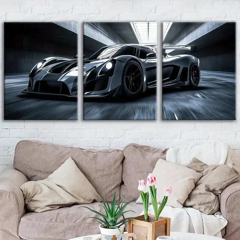 3pcs Classic Black Cool Sports Car White Lights Wall Art Set Canvas Framed 40x60cm - High Quality Print 100% Australian Made Wall Canvas Ready to Hang