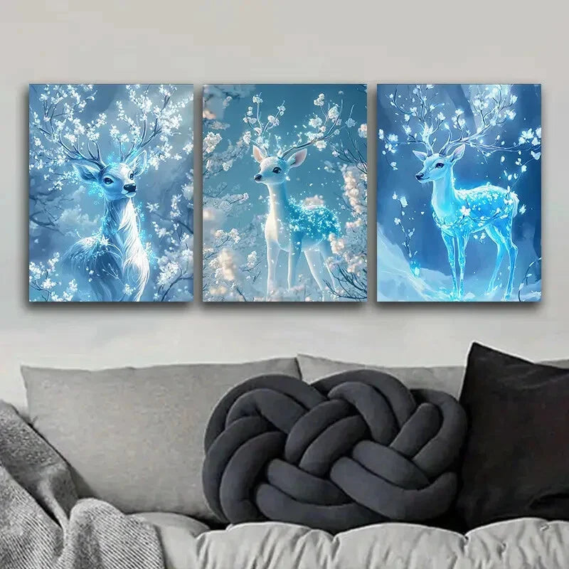 3pcs A deer with ice-blue Metal Print Ready to Hang Art