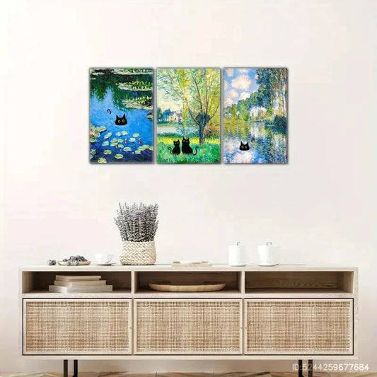 3pcs Cats & Landscapes Famous Oil Paintings Metal Print Ready to Hang Art