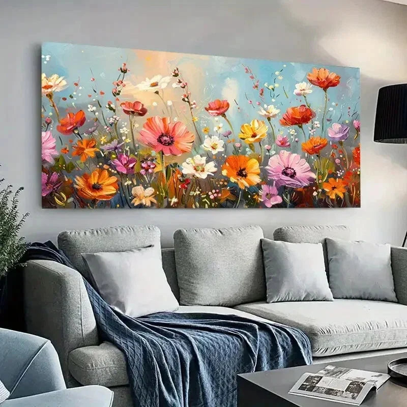 Vibrant Flower Field Colorful Wall Art Canvas Office Home Room Framed 80x45cm