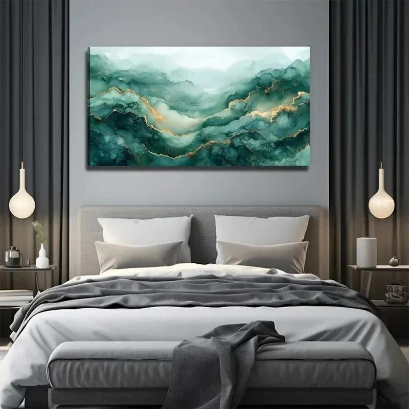 Green Gilded Nature Wall Art Canvas Office Home Room Framed 120x60cm
