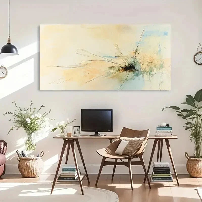 Blue & Yellow Abstract Design Wall Art Canvas Office Home Room Framed 80x45cm