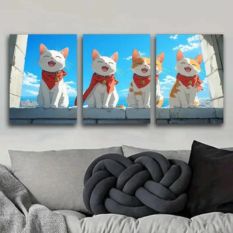 3pcs Charming White Cat Cute Blue Sky Perfect Wall Art Set Canvas Framed 40x60cm - High Quality Print 100% Australian Made Wall Canvas Ready to Hang