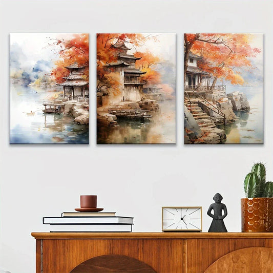 3pcs Serene Autumn Scenery Vibrant Metal Print Ready to Hang Art