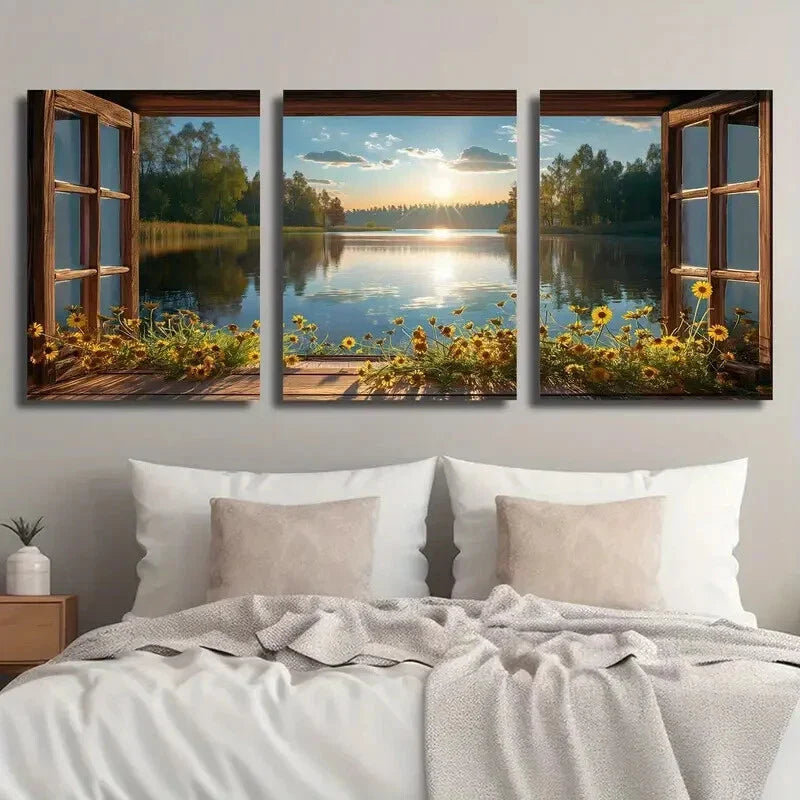3pcs Flowers and Lake Scenery in the Sunset Wall Art Set Canvas Framed 40x60cm - High Quality Print 100% Australian Made Wall Canvas Ready to Hang
