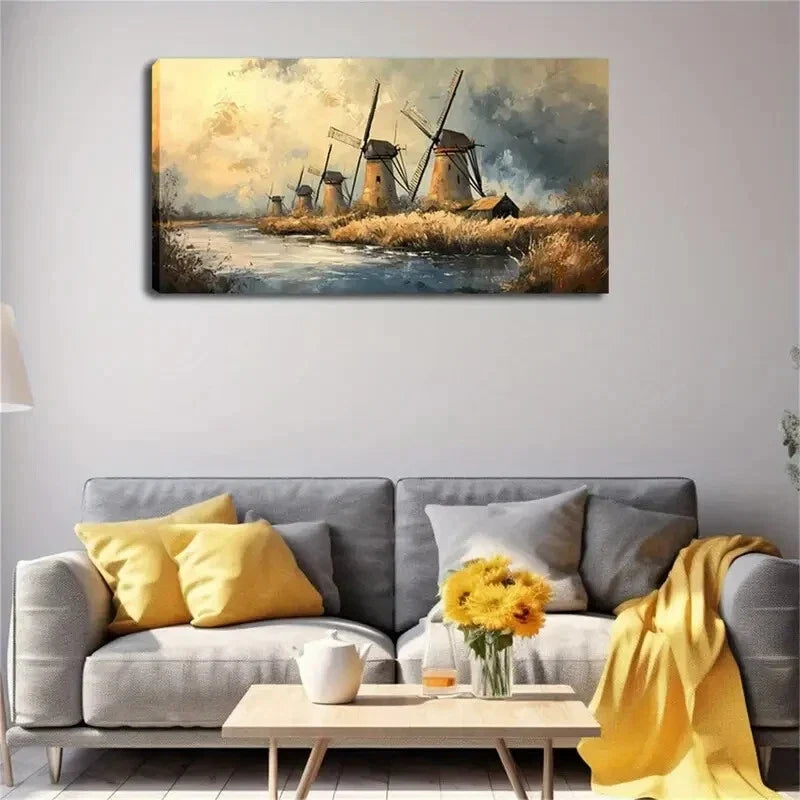 Windmill House By The River Wall Art Canvas Office Home Room Framed 80x45cm